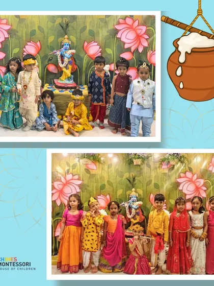 A collage of our little Radhas and Krishnas, showcasing the variety of beautiful costumes and the happy faces of our children during the festival.