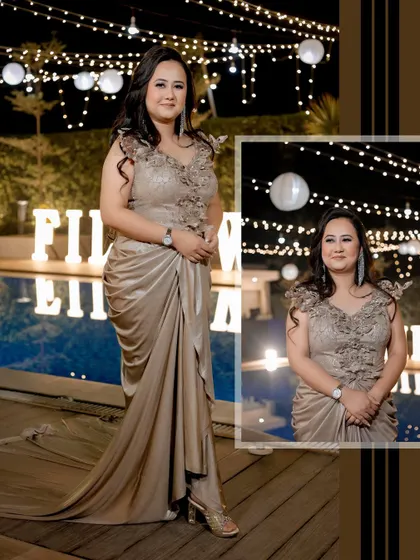 A series of romantic nighttime portraits from an engagement party by a pool, capturing the couple's dance, kisses, and the ring exchange.