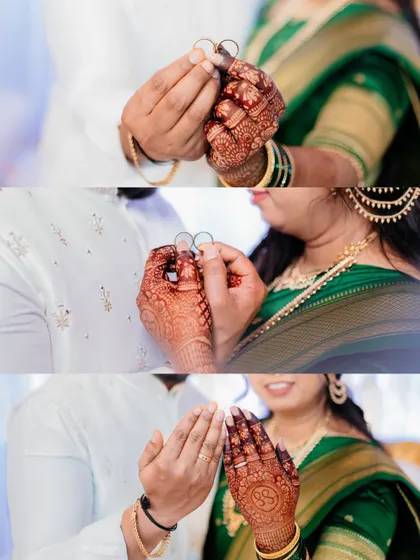 A collage showcasing different angles of the engagement rings. From the couple holding them together to the moment they are placed on their hands, it tells the complete story of the exchange.