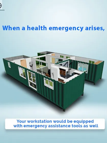 This concept shows a mobile health workstation equipped with emergency assistance tools. It's a vital solution for health workers, providing a safe and sterile environment where it's needed most.
