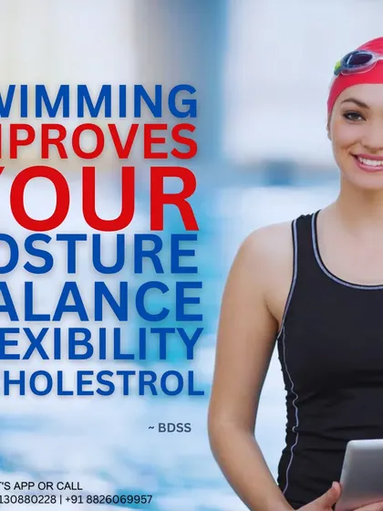 Swimming is more than just a sport; it's a complete wellness activity. This graphic details the many physical benefits, including improved posture, balance, flexibility, and even better cholesterol levels.
