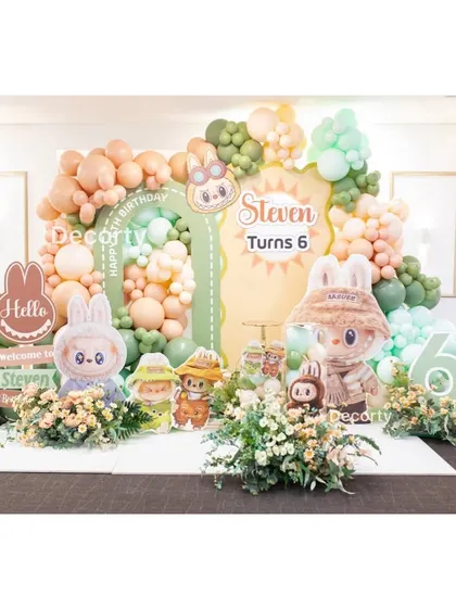 The full backdrop for the trendy Labubu-themed 6th birthday party.