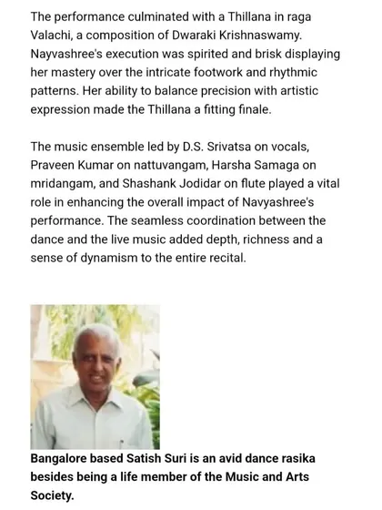 The concluding part of the Narthaki review, which speaks about the Thillana and praises the live music ensemble.