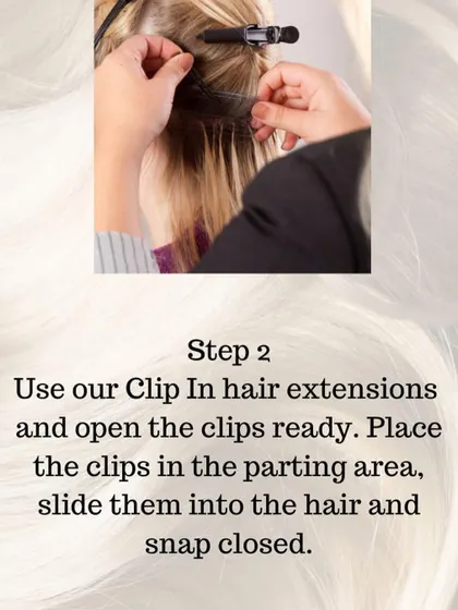 Step 2 of our clip-in guide: Open the clips on the weft, place it in the parted area, slide it into the hair, and snap it closed for a secure hold.
