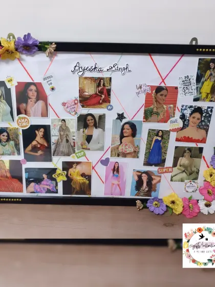 A custom handmade frame for actress Ayesha Singh, sent by a fan. It features a collage of her pictures with fun stickers and floral decorations.