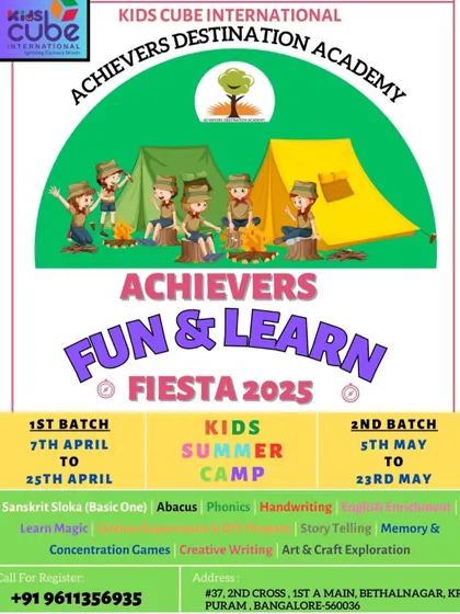 Our Fun & Learn Fiesta at Kids Cube International in KR Puram, Bangalore, offers two batches for a summer of learning. This poster highlights the hands-on, interactive experiences we provide.