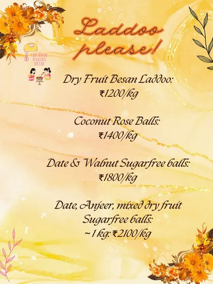 Our Raksha Bandhan menu for traditional laddoos. This list details the prices for our Dry Fruit Besan Laddoos, Coconut Rose Balls, and two varieties of sugar-free balls.