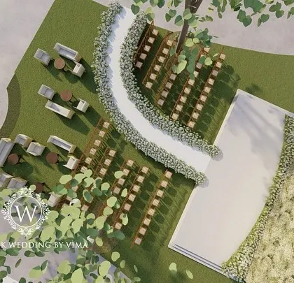 A 3D render of an elegant outdoor reception. This visual preview helps our clients see exactly how the aisle, seating, and stage will look, ensuring every detail is perfect.