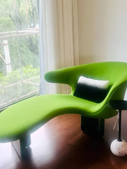 A detailed look at the centerpiece of the reading nook. This ergonomically designed chaise lounge in a vibrant lime green is a piece of functional art, offering the perfect spot to relax with a book.