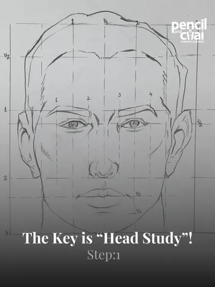 The key is "Head Study". This front-view construction shows how we map out the face to ensure all features are placed correctly.