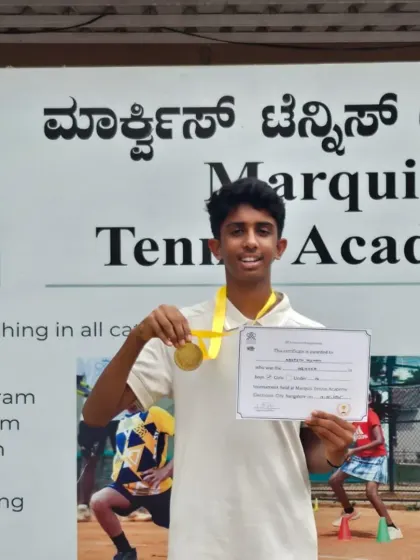 Advaith, another of our promising players, after his win at the Marquis Tennis Academy's TPL 500 Under 14 tournament.