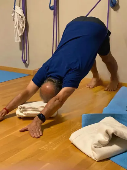 Additional images from my personal practice and teaching sessions, demonstrating a wide variety of asanas and the use of props. Each photo shows a moment of exploration in the journey of yoga.