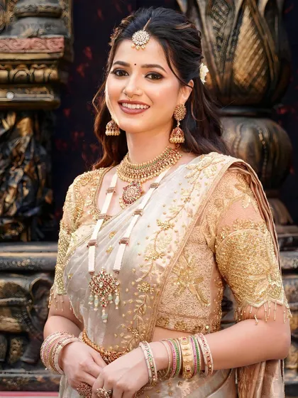 A full-length view of our stunning South Indian bride. We work with our clients to achieve their desired look while ensuring they feel comfortable and confident on their special day.