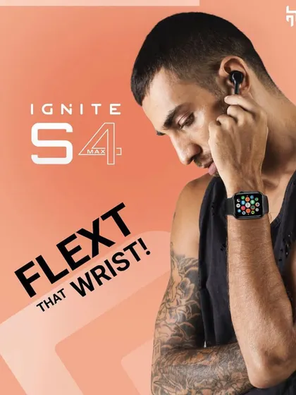 An advertisement graphic for Crossbeats, combining a product shot with bold text. The image shows a model using the smartwatch and earbuds during a workout, with the phrase 'Flext that Wrist!' to create a punchy, action-oriented message.