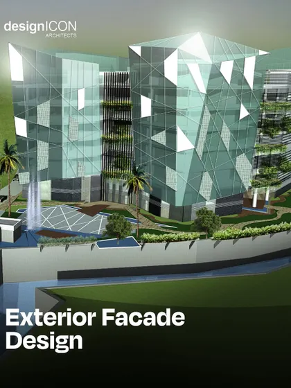 A 3D render of a futuristic exterior facade concept inspired by the facets of a diamond. This design demonstrates our capability in large-scale architectural projects, using geometric glass panels and integrated greenery to create a visually striking and sustainable structure.