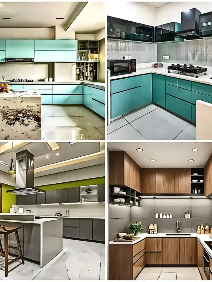 This collage presents four distinct modular kitchen ideas. It showcases our versatility, from kitchens with island counters and bold colors to minimalist designs with wood and neutral tones.