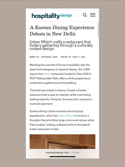 The opening of the Hospitality Design article, which describes how we crafted a dining experience centered on gathering and storytelling, a departure from the typical Indian restaurant model.