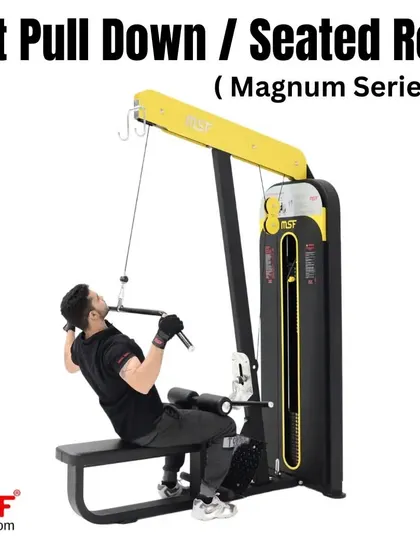 A user demonstrates a close-grip pulldown on the Magnum Series machine.