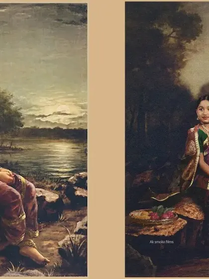 Recreating the mood and setting of a famous Raja Ravi Varma painting, "Lady by the River." This full-length portrait captures the elegance and grace of the original artwork.