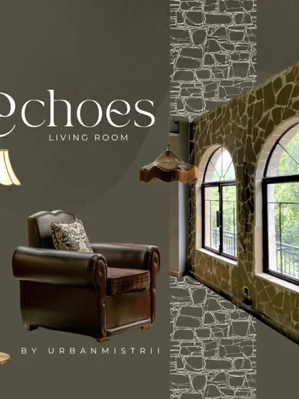 This graphic captures the essence of Echoes Living Room, a space designed as an alternative to noisy bars. It highlights the key elements of our design: rubble walls, vintage lighting, and comfortable, luxurious seating.