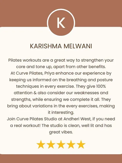 Karishma's review highlights our focus on breathing, posture techniques, and bringing variations to every exercise. Thank you for the kind words.
