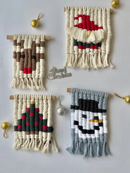 My collection of mini macrame Christmas wall hangings, featuring a reindeer, Santa, Christmas tree, and a snowman. These are adorable as ornaments or small decor pieces.