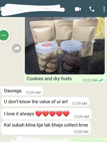 A screenshot of the items before packing, including cookies and dry fruits, and the lovely feedback I received.
