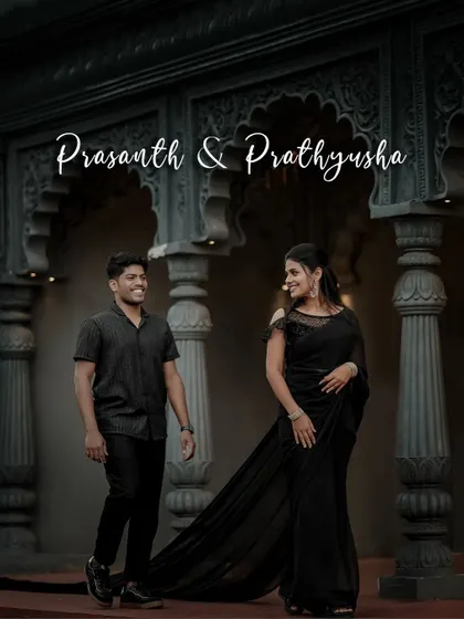 An elegant portrait of the couple in matching black outfits, their names overlaid, set against a grand, traditional hall.