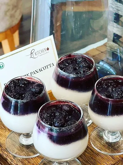 Decadent blueberry panna cotta, with a layer of smooth, creamy pudding topped with a rich blueberry compote.