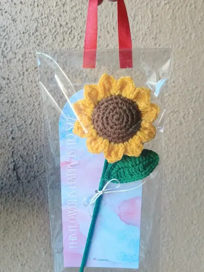 This single sunflower bouquet comes in a clear gift bag with a red ribbon handle, making it easy to carry and present.