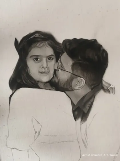 A work-in-progress shot of the father-daughter portrait, with the father's face fully shaded and the daughter's outline complete.