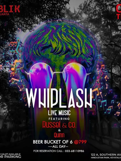 A vibrant poster for the "Whiplash" live music Thursday event at Publik.