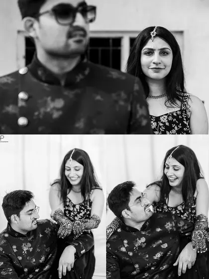 A black and white collage capturing candid and playful moments. These shots show the couple's natural interactions and chemistry, making for authentic portraits.