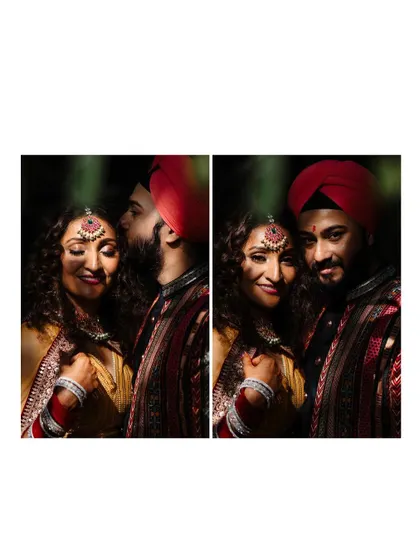 A two-panel collage of a couple's intimate portrait, capturing both a kiss and a loving glance.