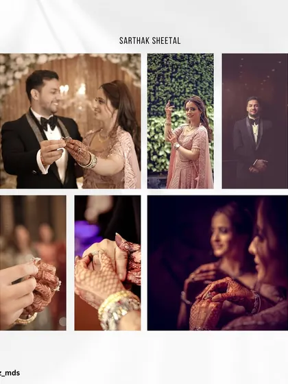 This engagement collage tells a story, from the ring exchange and couple portraits to close-ups of the intricate henna details.