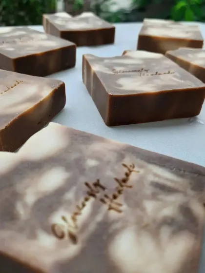 This perspective shows the depth of the swirls in the Neem Cucumber soap. It’s a wonderfully refreshing and cleansing bar, perfect for a morning shower.
