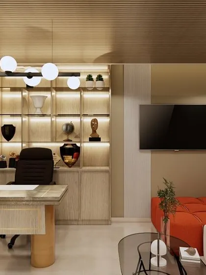 Duplicate of 104. A wider view of the Dubai office concept, showing the glass partition that separates the executive cabin from the main workspace. The design balances privacy with a sense of connection.