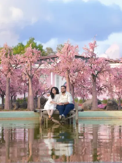 A serene anniversary portrait set against a backdrop of cherry blossom trees by a lake. This beautiful and tranquil setting is perfect for romantic couple photos.