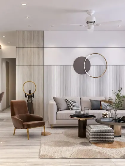 This angle highlights the use of different wall textures, including fluted panels and smooth surfaces, to add depth and interest to the neutral color scheme.