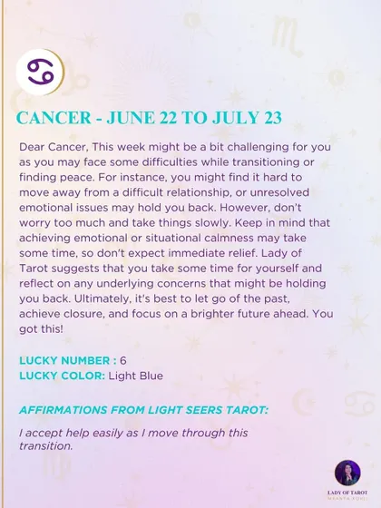 A weekly tarot forecast for Cancer. This week might be challenging as you face difficulties while transitioning or finding peace. Take things slowly and focus on a brighter future ahead. You got this.