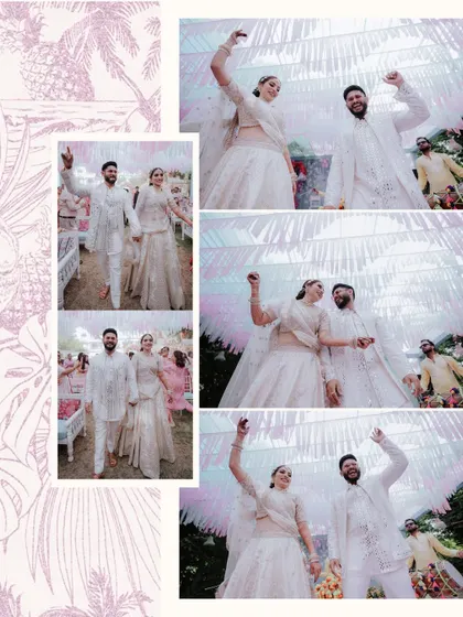 A dynamic collage capturing the couple's energetic entrance and dance, showing the joyful and celebratory side of their pre-wedding event.