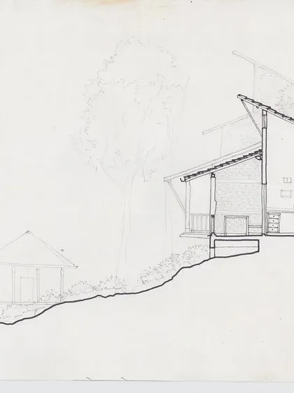 An early concept sketch showing the profile of the PLENTI House against the hillside.