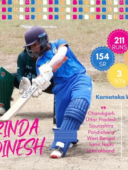 Vrinda's consistent run-scoring for Karnataka, including three half-centuries in a single tournament. She is a pillar of the state team's batting lineup.