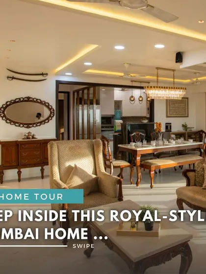 The main image for the royal-style Mumbai home tour, showcasing the grand living area with traditional carved furniture and elegant decor.