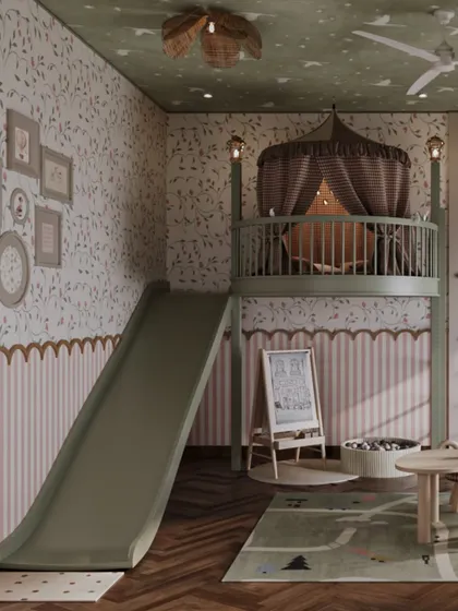 This custom playroom is designed as a world of gentle adventure. A sage green mezzanine with a cozy canopy becomes a private hideaway, while the integrated slide offers a joyful escape, blending active play with a soft, refined aesthetic.