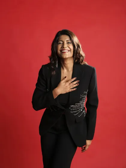 A few of my favorite shots from a professional photoshoot. A sharp, embellished blazer is a power look that works perfectly for a modern corporate event.