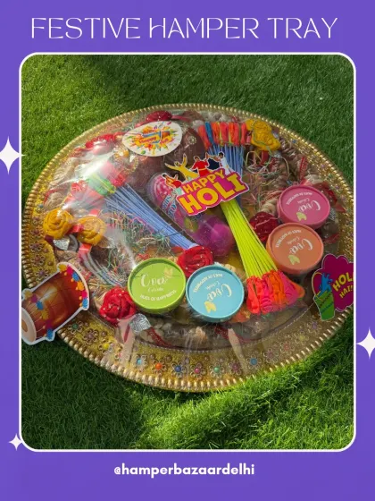 The vibrant colors of our Holi hamper tray are sure to bring a smile to anyone's face. We use high-quality, skin-friendly gulal and fun accessories in our packs.