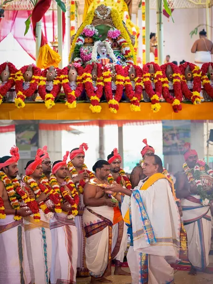 A collage showing the Maha Rudra Homa during Navratri. The top image shows the decorated kalashas, while the bottom shows the priests making offerings to the fire.