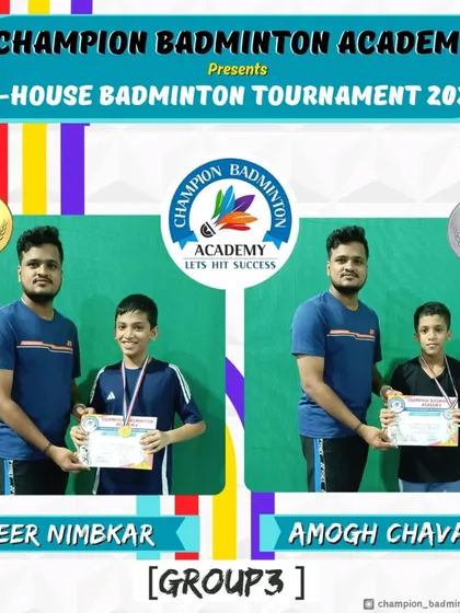 A big round of applause for the winners of Group 3 in our in-house tournament: Veer Nimbkar (Winner) and Amogh Chavan (Runner-Up). The future of badminton is bright.