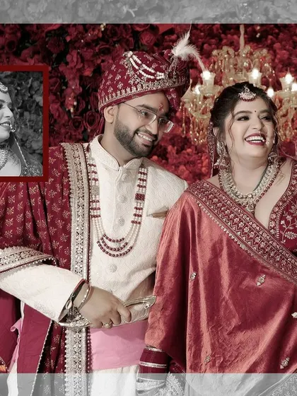 A beautiful collage capturing the joy of the wedding couple, with a focus on their vibrant red outfits and happy expressions.